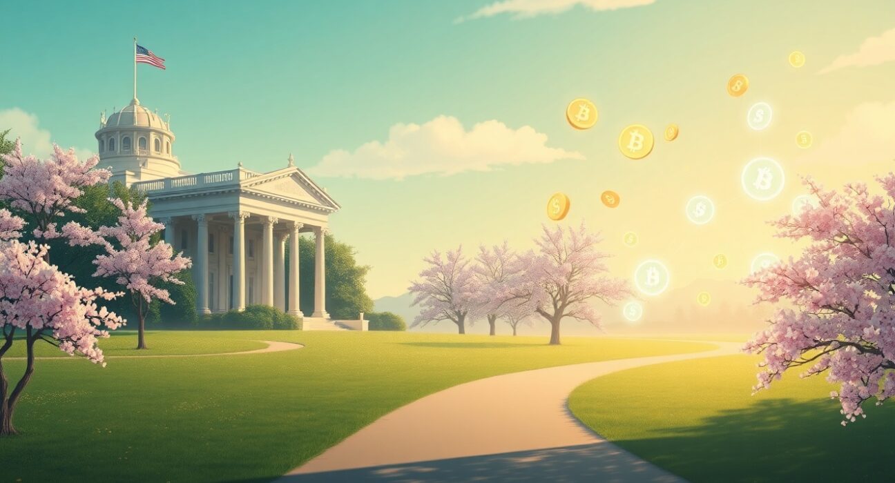 Symbolic Ghibli-style scene of White House stablecoin talks bridging traditional finance and digital currency.