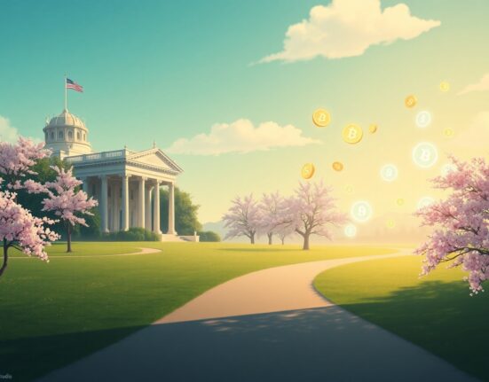 Symbolic Ghibli-style scene of White House stablecoin talks bridging traditional finance and digital currency.