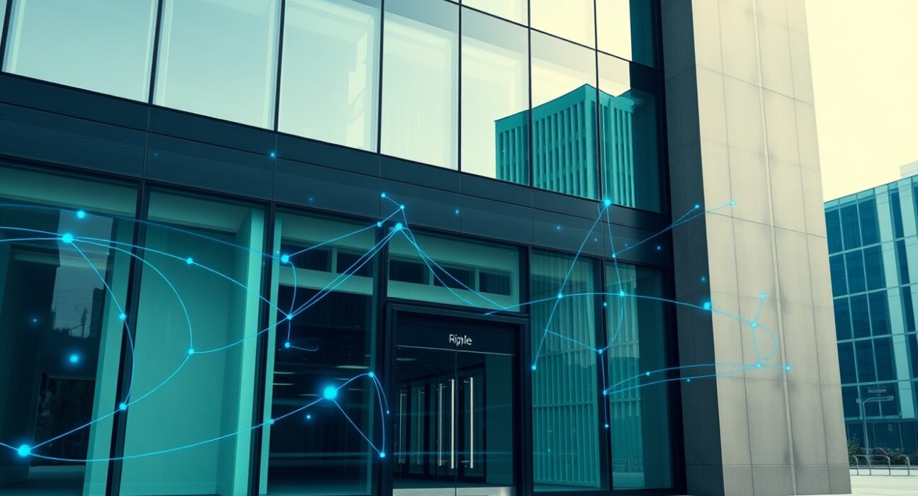 Modern office building with digital blockchain network overlays representing Ripple's fintech innovation