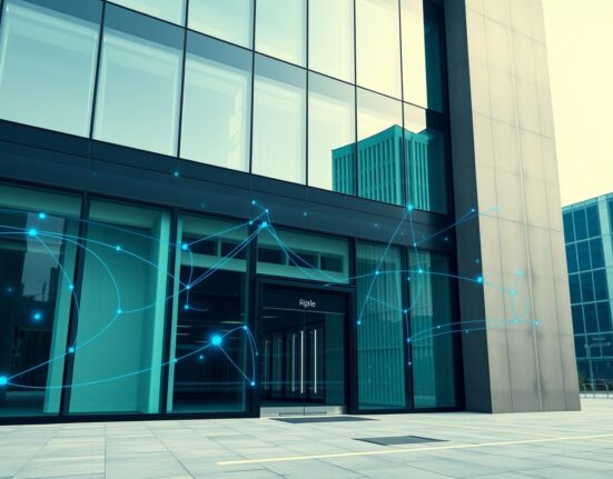 Modern office building with digital blockchain network overlays representing Ripple's fintech innovation