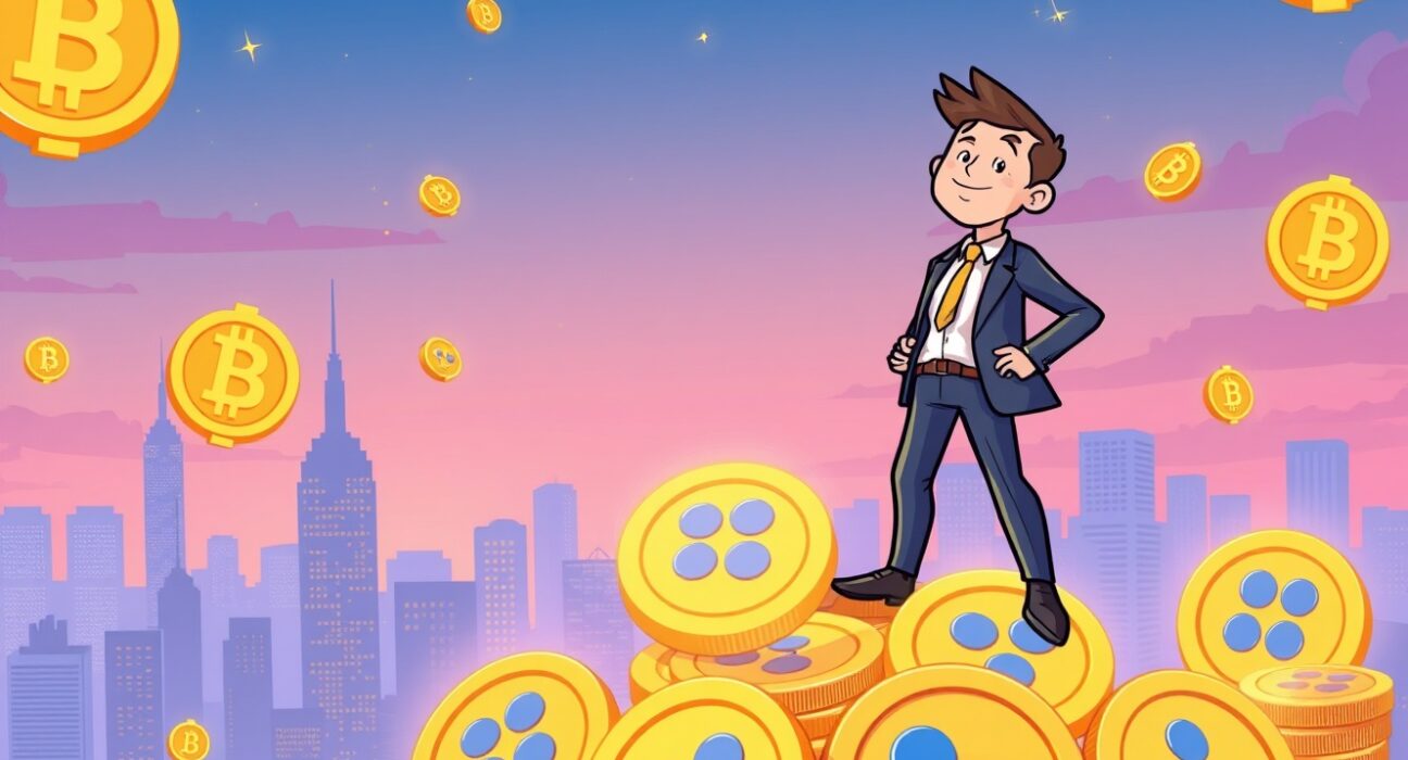 Ripple co-founder Chris Larsen celebrating cryptocurrency success with digital coins and blockchain background