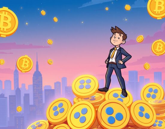 Ripple co-founder Chris Larsen celebrating cryptocurrency success with digital coins and blockchain background