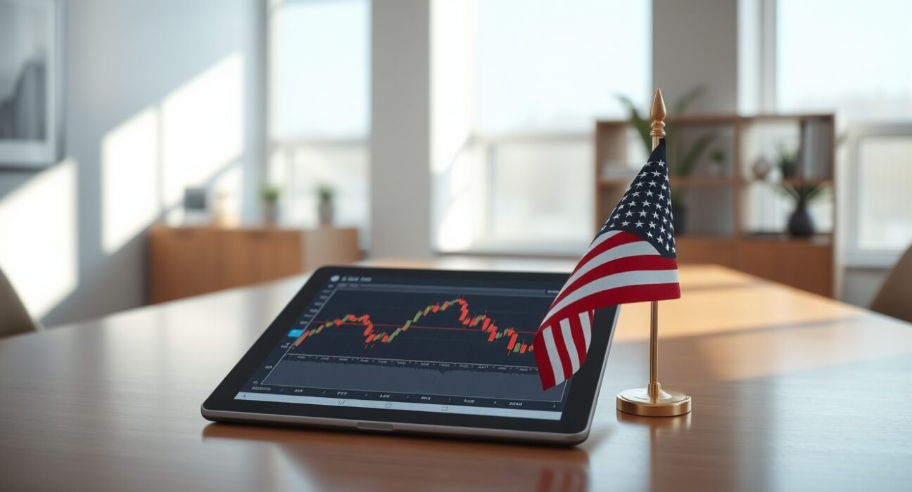 Modern office desk with tablet showing crypto chart and American flag