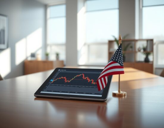 Modern office desk with tablet showing crypto chart and American flag