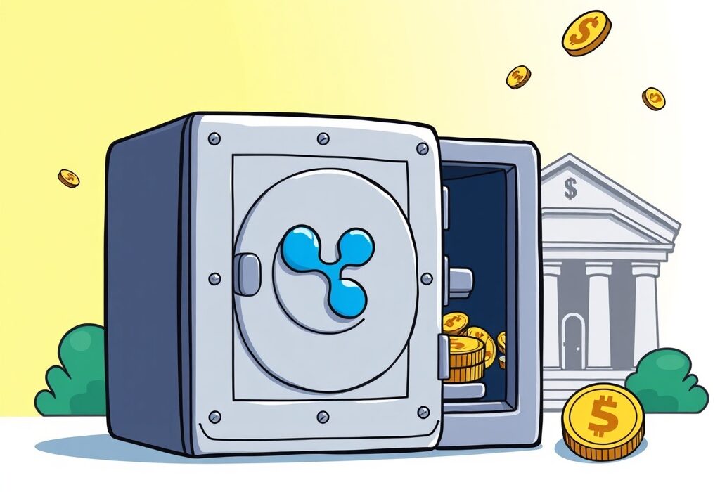 A cartoon illustration showing a secure digital vault, symbolizing Ripple crypto custody services for institutional banking.