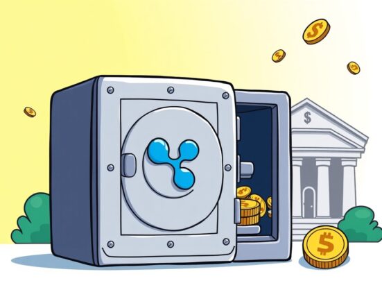 A cartoon illustration showing a secure digital vault, symbolizing Ripple crypto custody services for institutional banking.