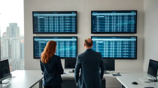 Analysts reviewing financial records on screens in a Brazilian market infrastructure operations room