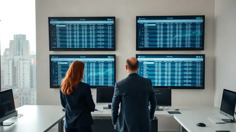 Analysts reviewing financial records on screens in a Brazilian market infrastructure operations room