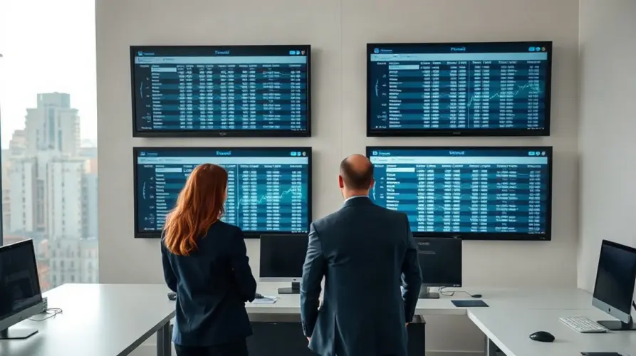 Analysts reviewing financial records on screens in a Brazilian market infrastructure operations room