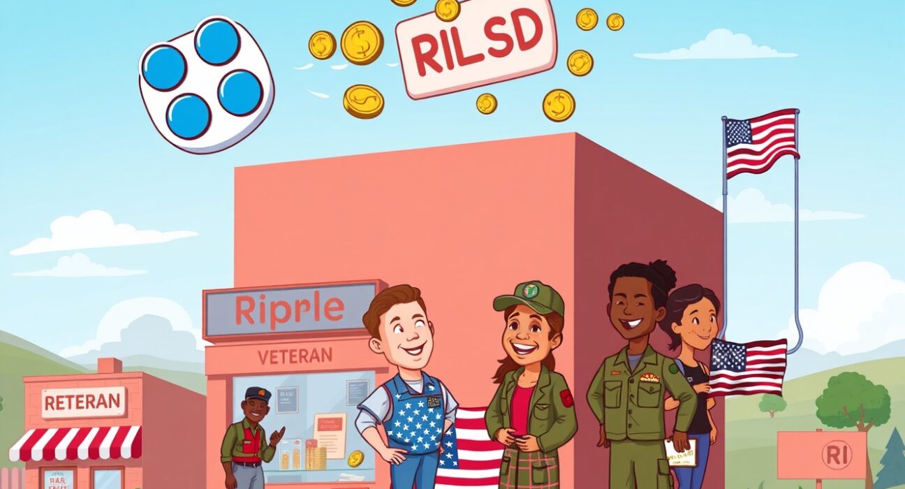 A cartoon image showing the positive impact of Ripple's donation on US small businesses and military veterans, symbolizing community support.