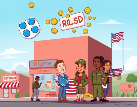 A cartoon image showing the positive impact of Ripple's donation on US small businesses and military veterans, symbolizing community support.
