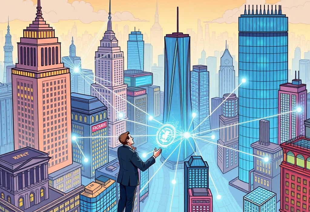 A cartoon illustration symbolizing Ripple's efforts in building institutional DeFi partnerships on the XRP Ledger, driving global crypto adoption.