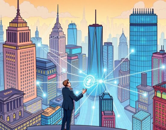 A cartoon illustration symbolizing Ripple's efforts in building institutional DeFi partnerships on the XRP Ledger, driving global crypto adoption.