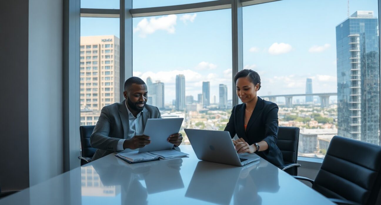 Business professionals in a Lagos office reviewing financial documents on a tablet and laptop, representing fintech growth in Africa.