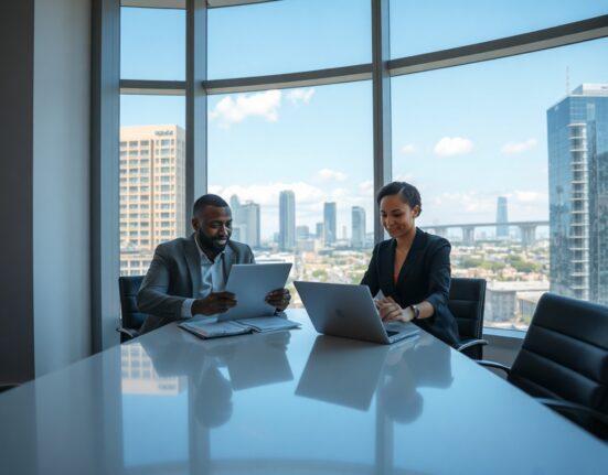 Business professionals in a Lagos office reviewing financial documents on a tablet and laptop, representing fintech growth in Africa.