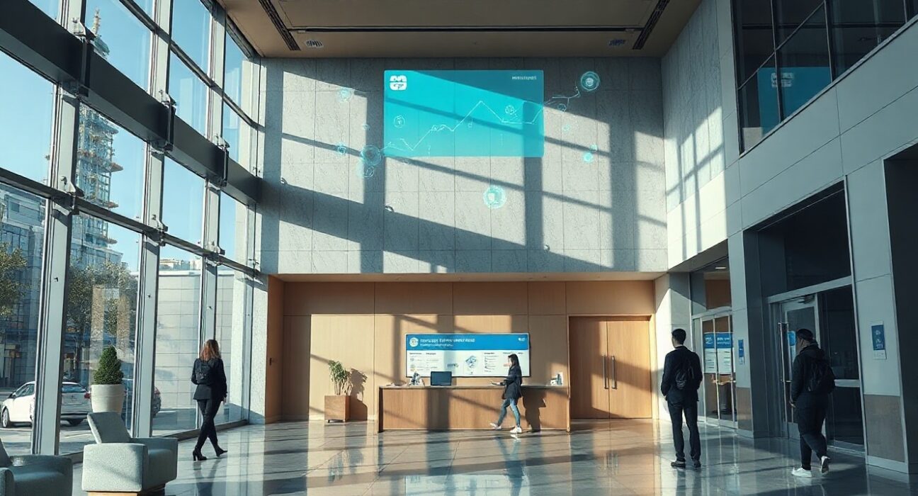 Modern bank lobby in South Korea representing digital finance innovation