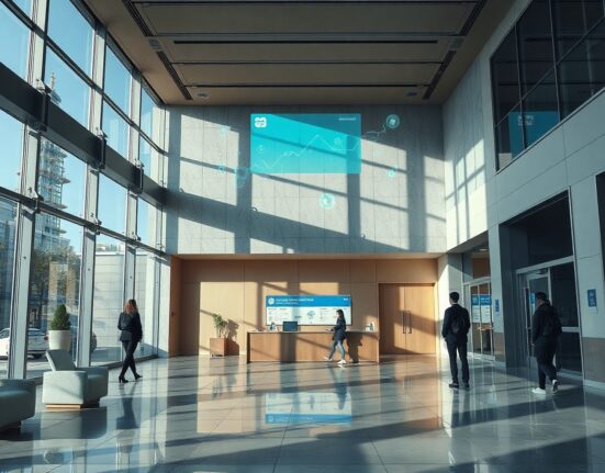 Modern bank lobby in South Korea representing digital finance innovation