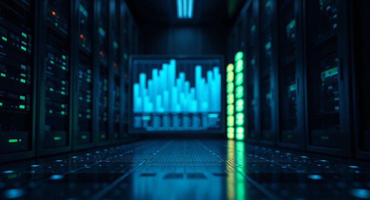 XRPL automated market maker interface with concentrated liquidity visualization in a server room setting