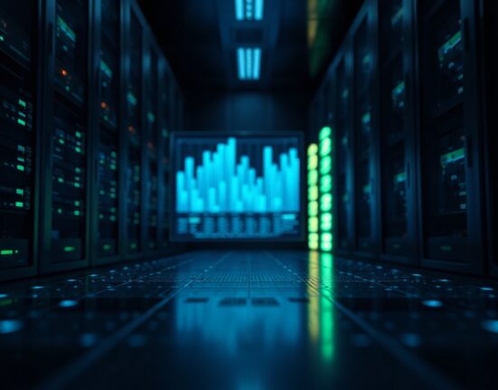 XRPL automated market maker interface with concentrated liquidity visualization in a server room setting