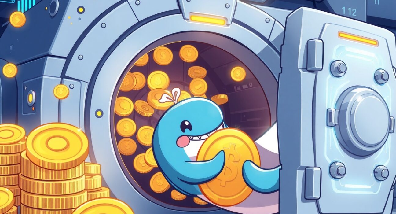 Cartoon illustration showing XRP locked securely in a digital vault by a whale.