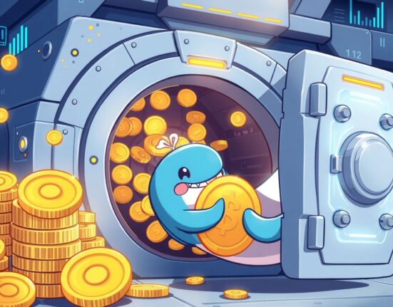 Cartoon illustration showing XRP locked securely in a digital vault by a whale.