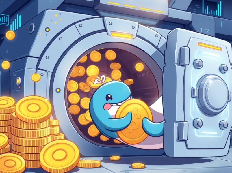 Cartoon illustration showing XRP locked securely in a digital vault by a whale.