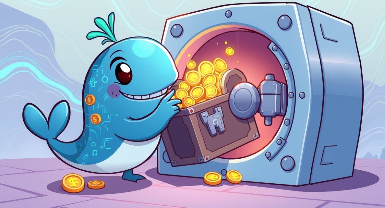 A cartoon illustration showing a digital whale securing a treasure chest of XRP in a vault, symbolizing the XRP locked in escrow.