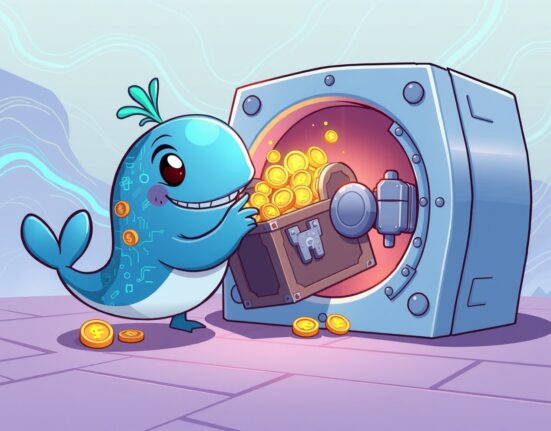 A cartoon illustration showing a digital whale securing a treasure chest of XRP in a vault, symbolizing the XRP locked in escrow.