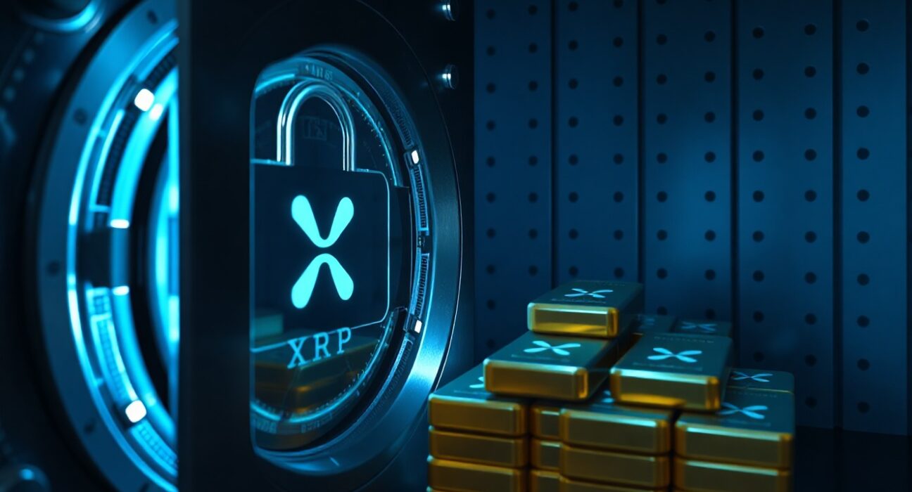 Close-up of a secure digital vault with XRP-branded gold bars inside, representing Ripple's escrow mechanism.