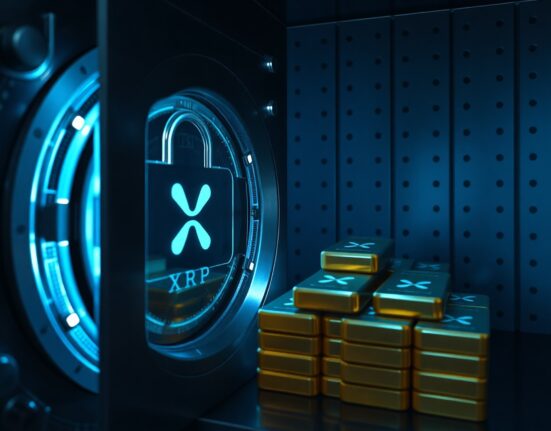 Close-up of a secure digital vault with XRP-branded gold bars inside, representing Ripple's escrow mechanism.