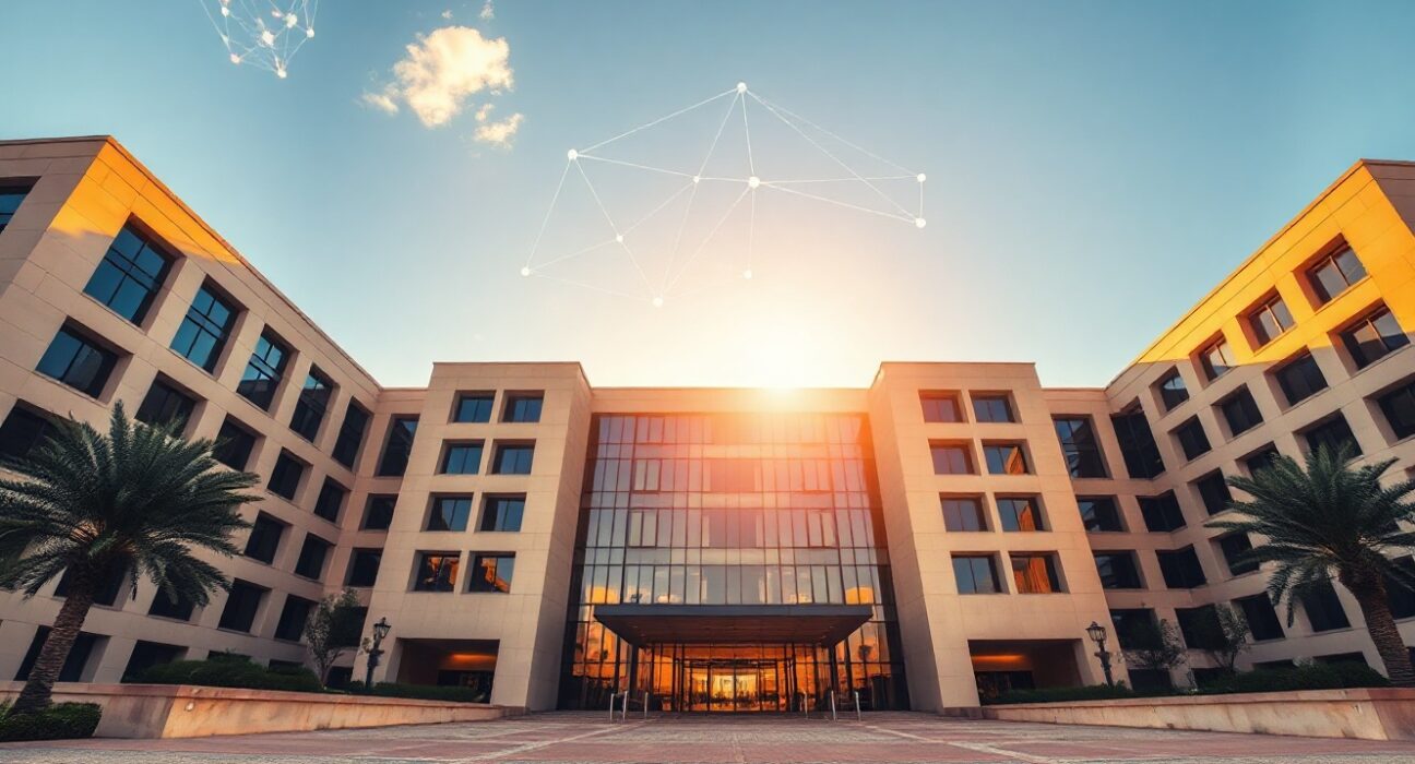 NYU Abu Dhabi campus building with digital blockchain overlay representing research partnership