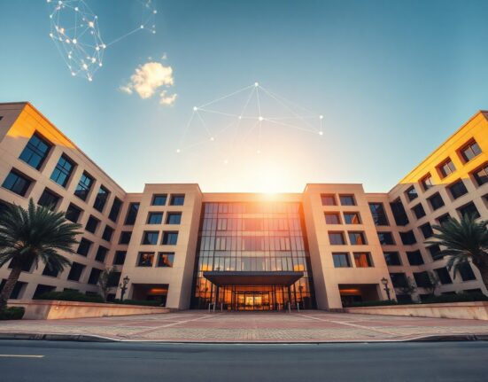NYU Abu Dhabi campus building with digital blockchain overlay representing research partnership