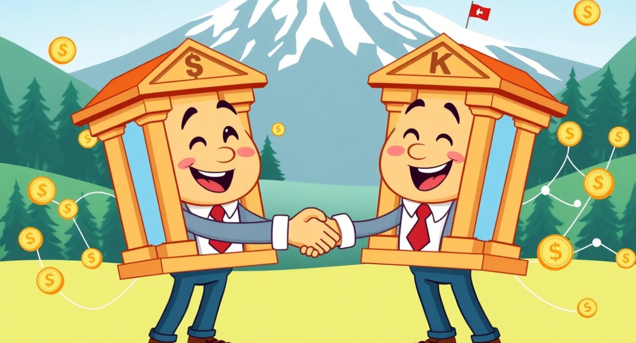 Ripple partners with Swiss crypto bank Amina in a vibrant illustration symbolizing payment infrastructure collaboration.