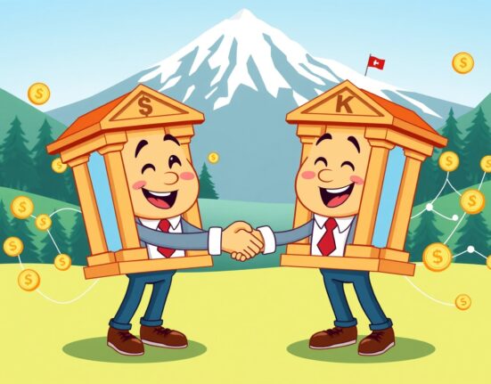 Ripple partners with Swiss crypto bank Amina in a vibrant illustration symbolizing payment infrastructure collaboration.