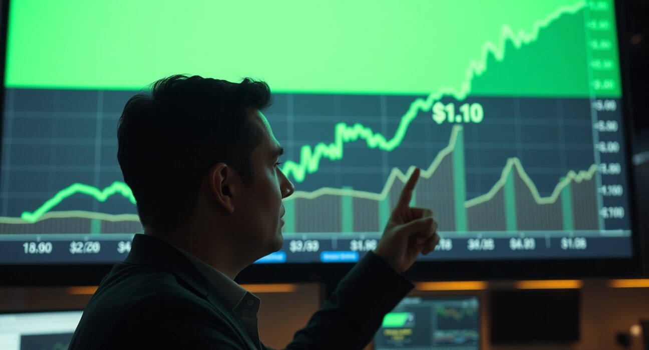 Financial analyst pointing at XRP price chart showing upward trend towards $1.10 in a modern trading office