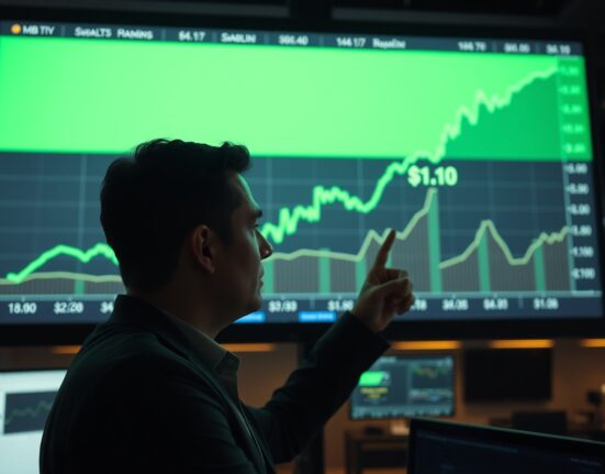 Financial analyst pointing at XRP price chart showing upward trend towards $1.10 in a modern trading office
