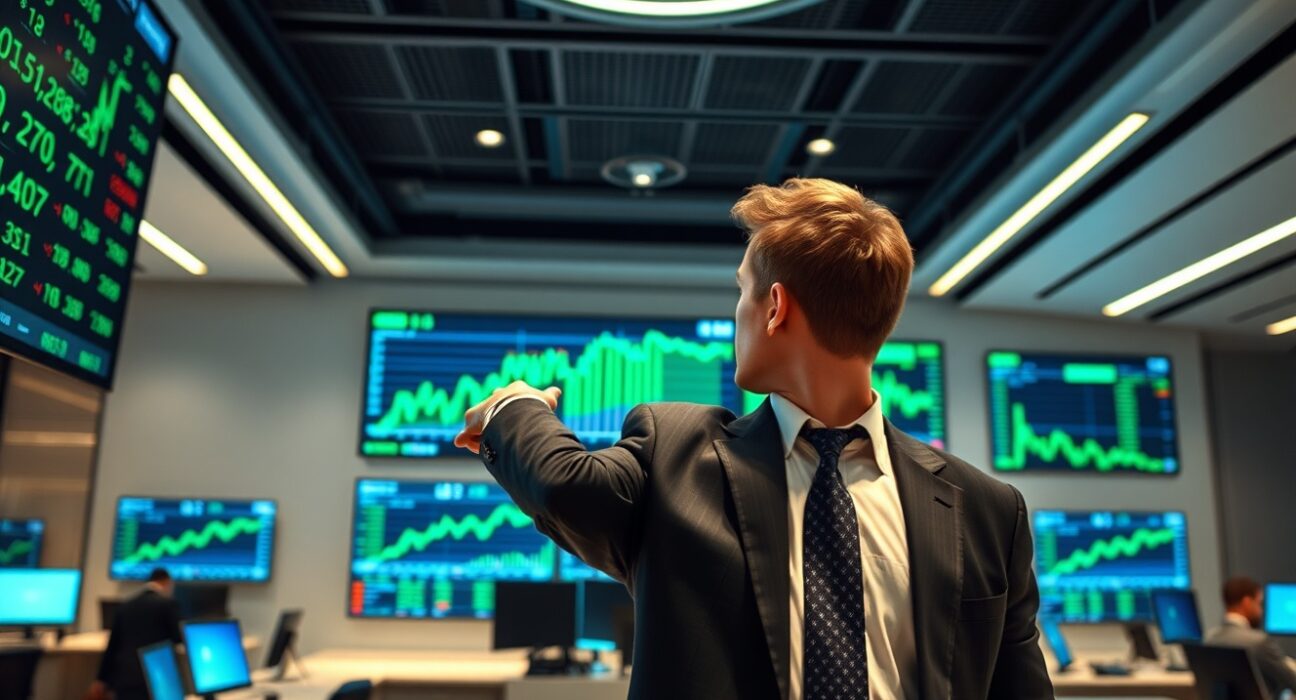 Institutional trader analyzing stock and crypto charts on multiple screens in a modern prime brokerage trading floor.