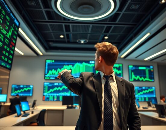 Institutional trader analyzing stock and crypto charts on multiple screens in a modern prime brokerage trading floor.