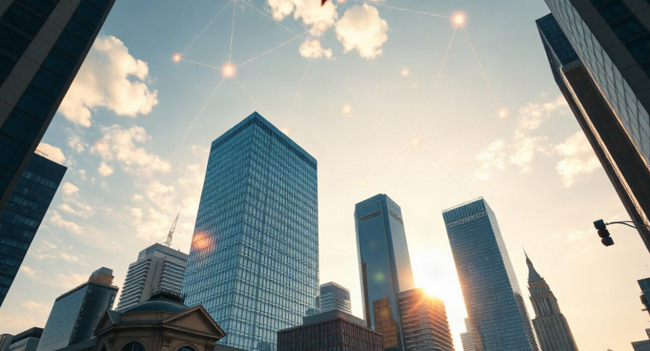 Modern financial district skyline with subtle blockchain network overlay representing institutional crypto expansion.