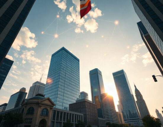 Modern financial district skyline with subtle blockchain network overlay representing institutional crypto expansion.