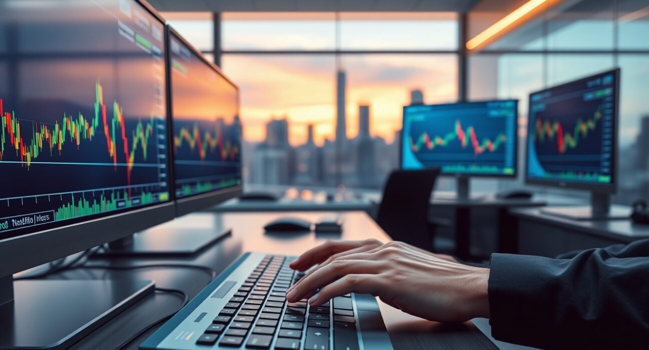 Professional trading desk with cryptocurrency charts on monitors in a modern office setting.