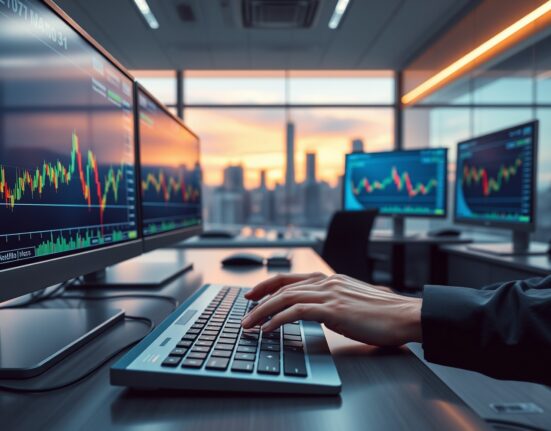 Professional trading desk with cryptocurrency charts on monitors in a modern office setting.