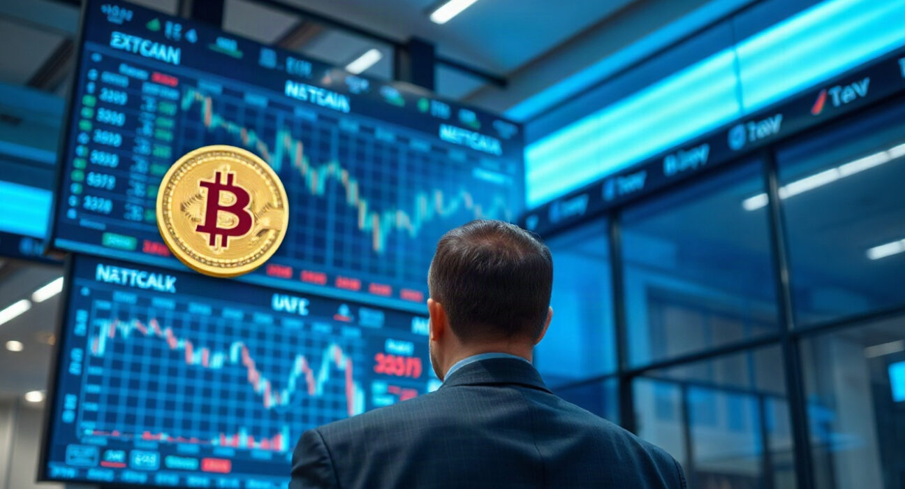 Ripple Prime Delta One launch: trader monitoring digital stock and crypto indices on a trading floor display.