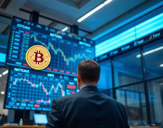 Ripple Prime Delta One launch: trader monitoring digital stock and crypto indices on a trading floor display.