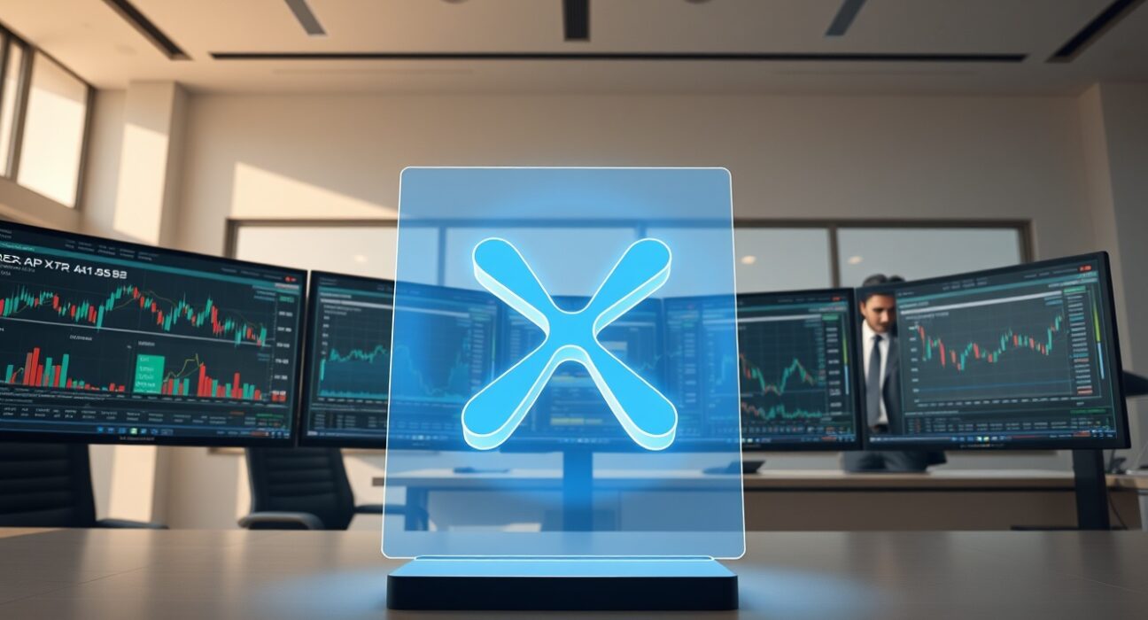 XRP logo integrated into a professional institutional trading desk as collateral.