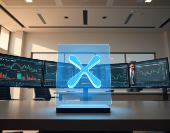 XRP logo integrated into a professional institutional trading desk as collateral.