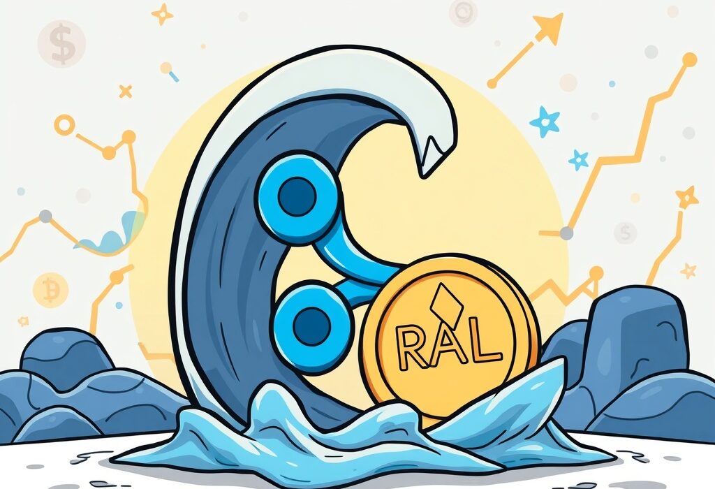 A cartoon illustration of a large hand representing Ripple extending to grasp a smaller platform labeled RAIL, symbolizing the Ripple acquisition of a stablecoin platform.