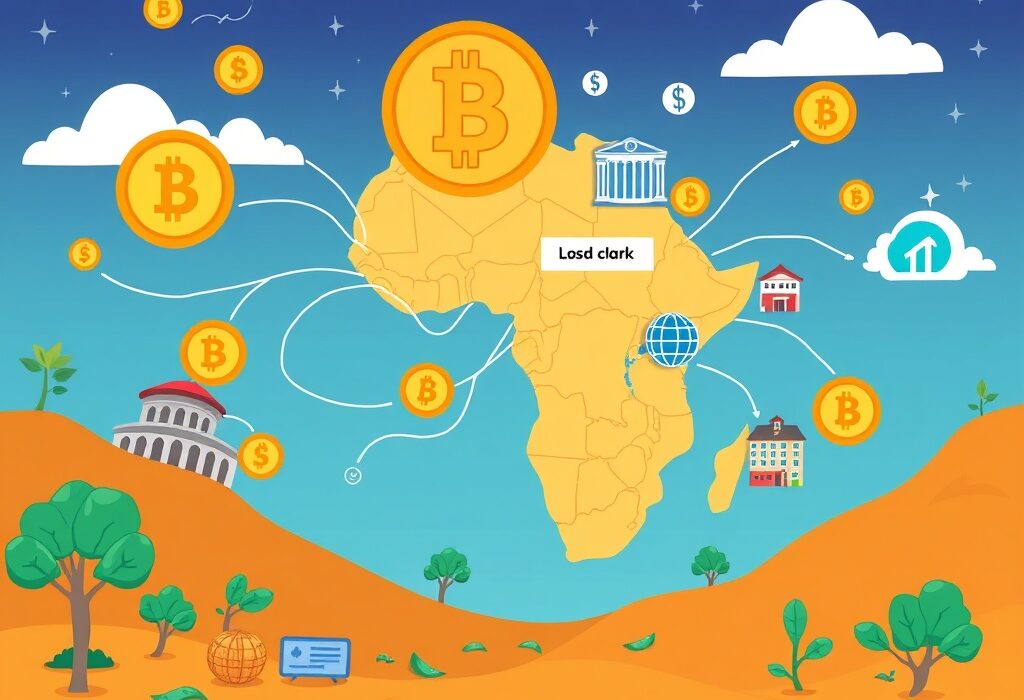 A cartoon illustration showing Ripple RLUSD connecting financial institutions across Africa, symbolizing growth and digital payment solutions.