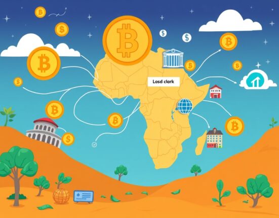 A cartoon illustration showing Ripple RLUSD connecting financial institutions across Africa, symbolizing growth and digital payment solutions.