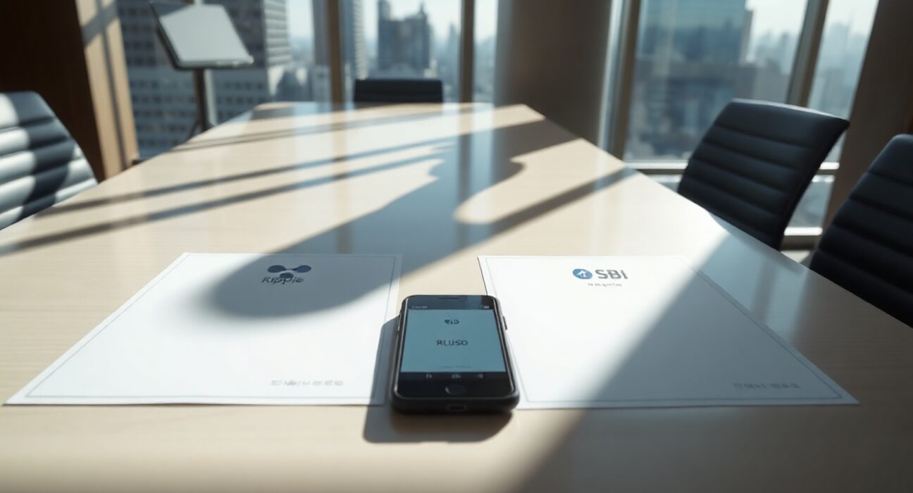 Professional meeting setting with Ripple and SBI documents and a smartphone displaying RLUSD stablecoin payment screen.